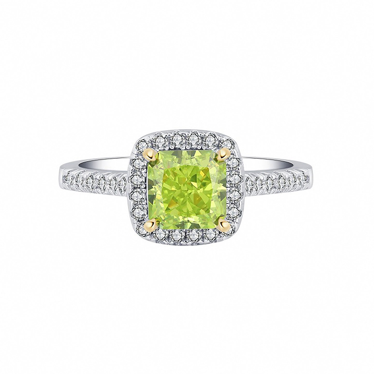 Green Simulated Diamond Halo Princess Cut Ring, Half Eternity Ring Gift For Her In 925 Sterling Silver