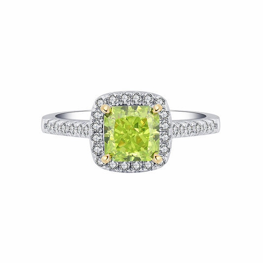 Green Simulated Diamond Halo Princess Cut Ring, Half Eternity Ring Gift For Her In 925 Sterling Silver