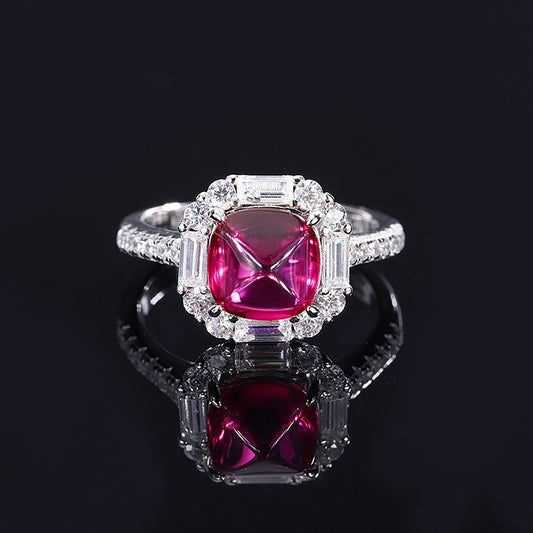 Fashion Sapphire/Ruby/Emerald Sugar Loaf Cut Ring,Halo Half Eternity Simulated Diamonds Ring In 925 Sterling Silver