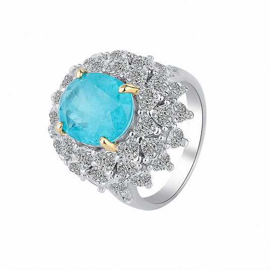 Emerald/Blue Paraiba Tourmaline Oval Cut Ring, Heart and Round Cut Simulated Diamonds In 925 Sterling Silver