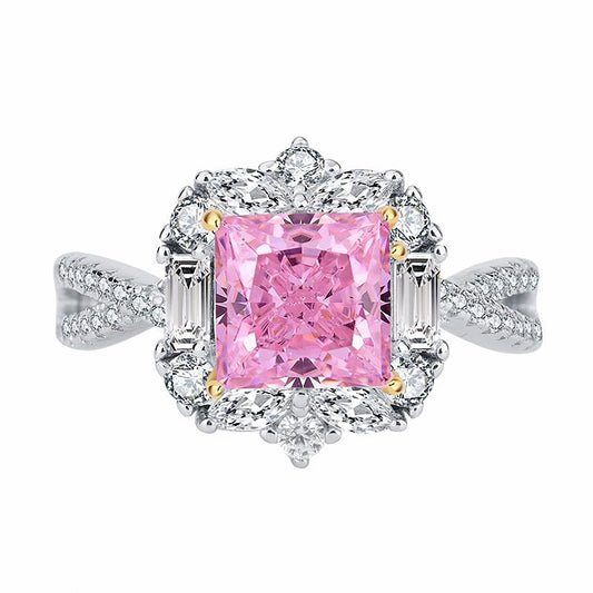 Pink Simulated Diamond Princess Cut Ring, Split Band Ring Gift For Her In 925 Sterling Silver