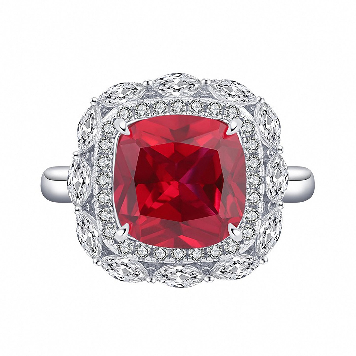 Ruby/Emerald Halo Princess Cut Ring, Simulated Diamond Ring Gift For Her In 925 Sterling Silver