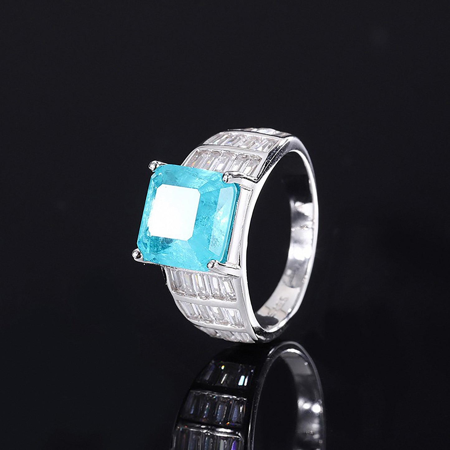 Beautiful Blue Paraiba Tourmaline/Emerald Princess Cut Ring,Bezel Setting Simulated Diamonds Ring Gift For Her In 925 Sterling Silver