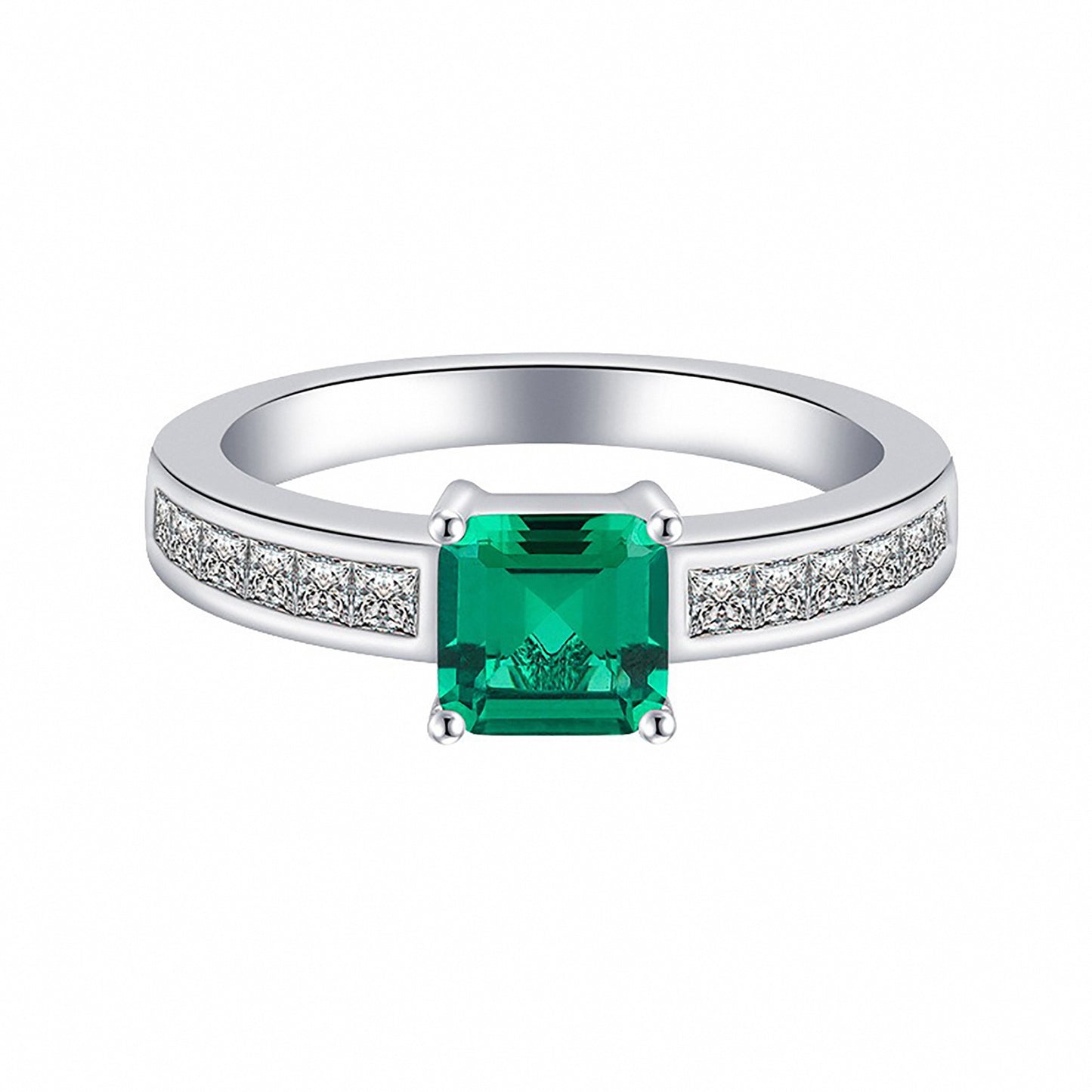 Emerald/Aquamarine Princess Cut Ring,  Bezel Setting Simulated Diamond Ring Anniversary Ring In 925 Sterling Silver