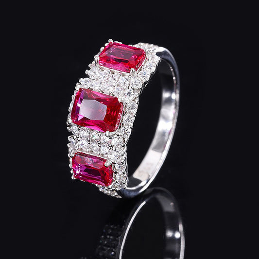 Ruby/Sapphire Baguette Cut Ring,Pave Setting, Unique Engagement Ring Vintage Style In 925 Sterling Silver