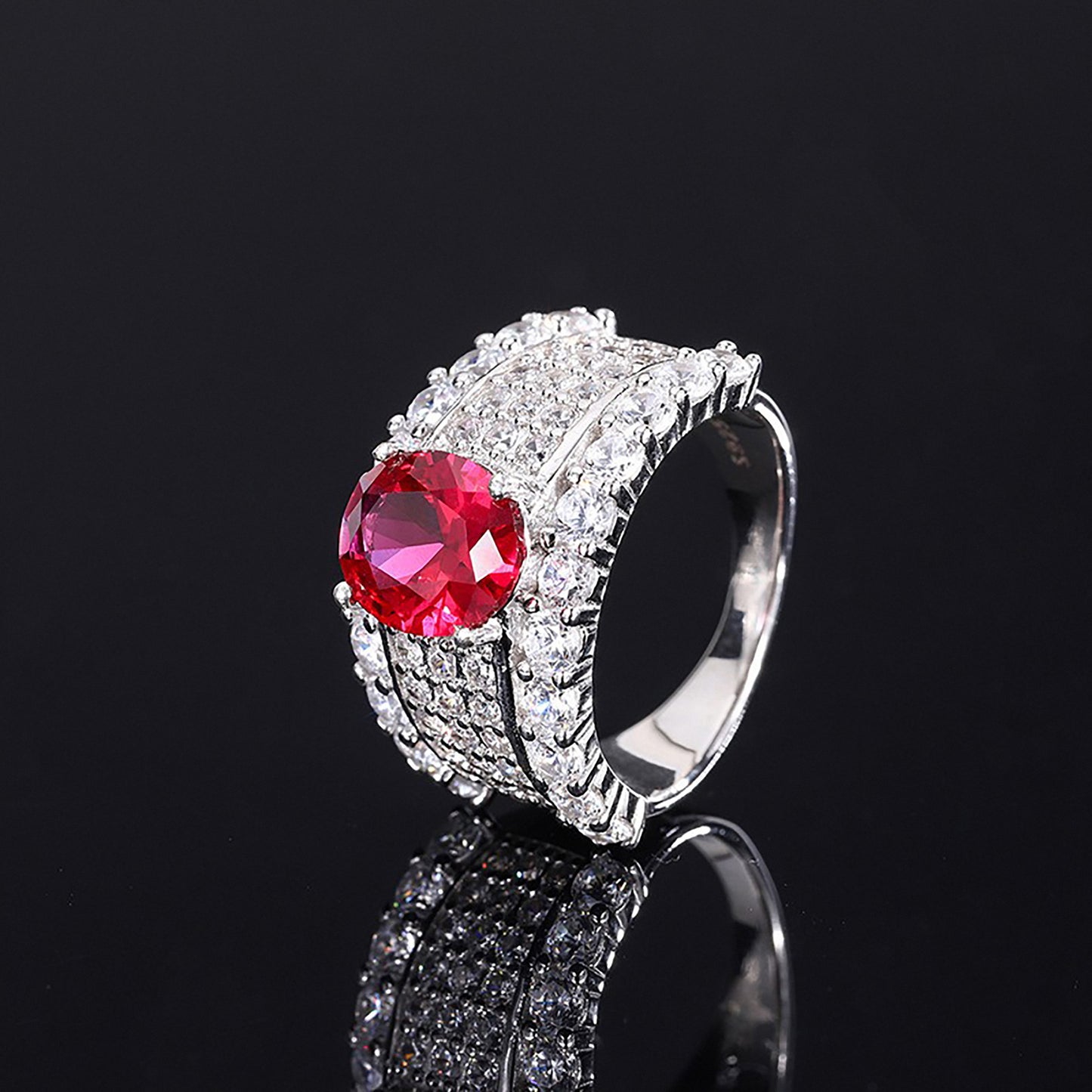 Vintage Emerald/Ruby Oval Cut Ring,Row of Simulated Diamond In 925 Sterling Silver