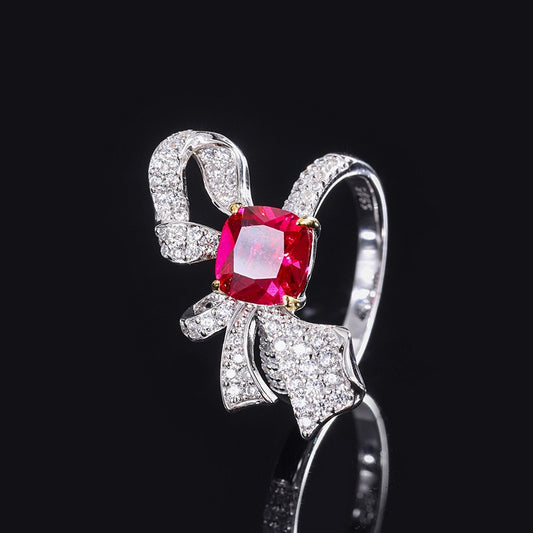 Ruby/Emerald Princess Cut Ring, Bow Tie Simulated Diamonds Ring Vintage Style In 925 Sterling Silver