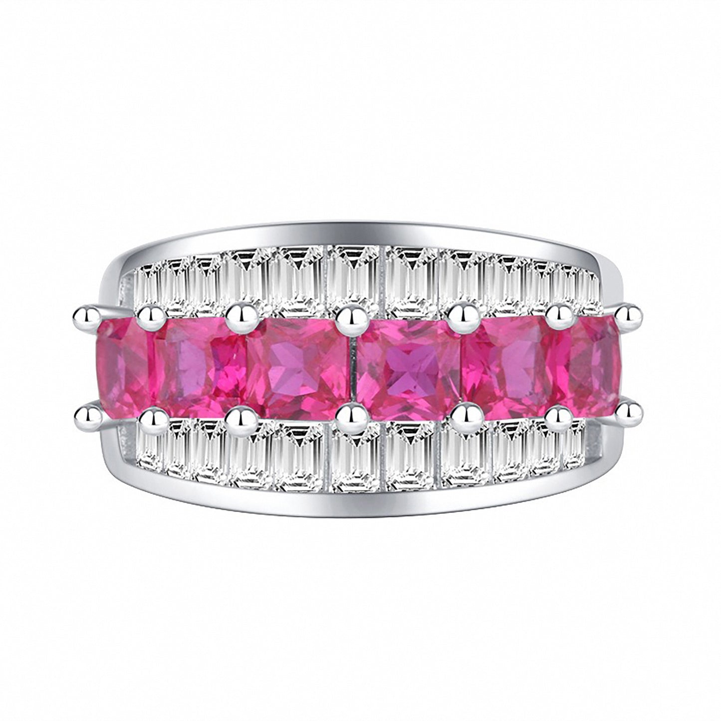 Ruby Baguette Cut Ring, Pave Setting, Bezel Settiong, Anniversary Ring In 925 Sterling Silver