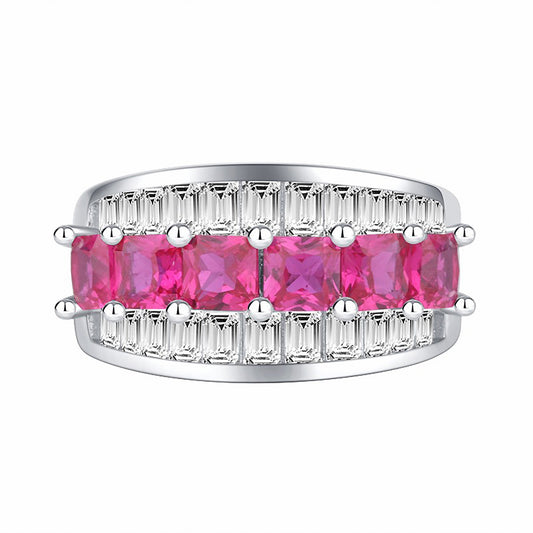 Ruby Baguette Cut Ring, Pave Setting, Bezel Settiong, Anniversary Ring In 925 Sterling Silver