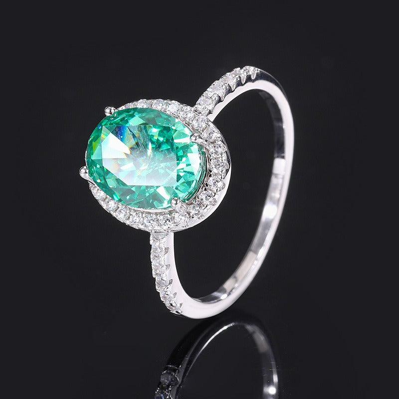 Luxury Emerald/Aquamarine Halo Oval Cut Ring, Retro Women's Ring, Anniversary Birthday Gift For Her In 925 Sterling Silver