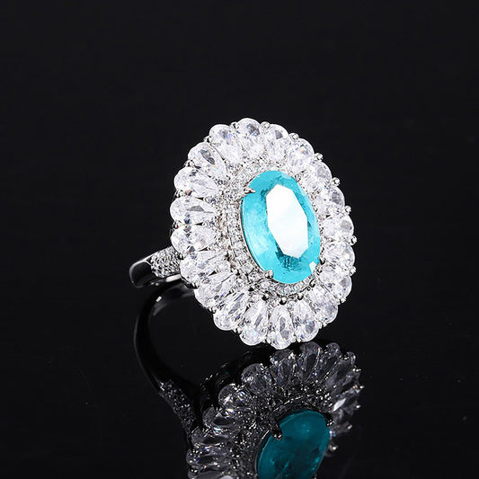 Fashion Double Halo Blue Paraiba Tourmaline/Ruby/Emerald Oval Cut Ring,Half Eternity Simulated Diamonds Ring In 925 Sterling Silver