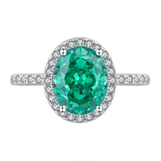 Luxury Emerald/Aquamarine Halo Oval Cut Ring, Retro Women's Ring, Anniversary Birthday Gift For Her In 925 Sterling Silver