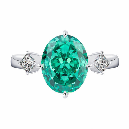 Emerald/Aquamarine Oval Cut Ring, Three Stones Ring Princess Simulated Diamond Ring Anniversary Ring In 925 Sterling Silver