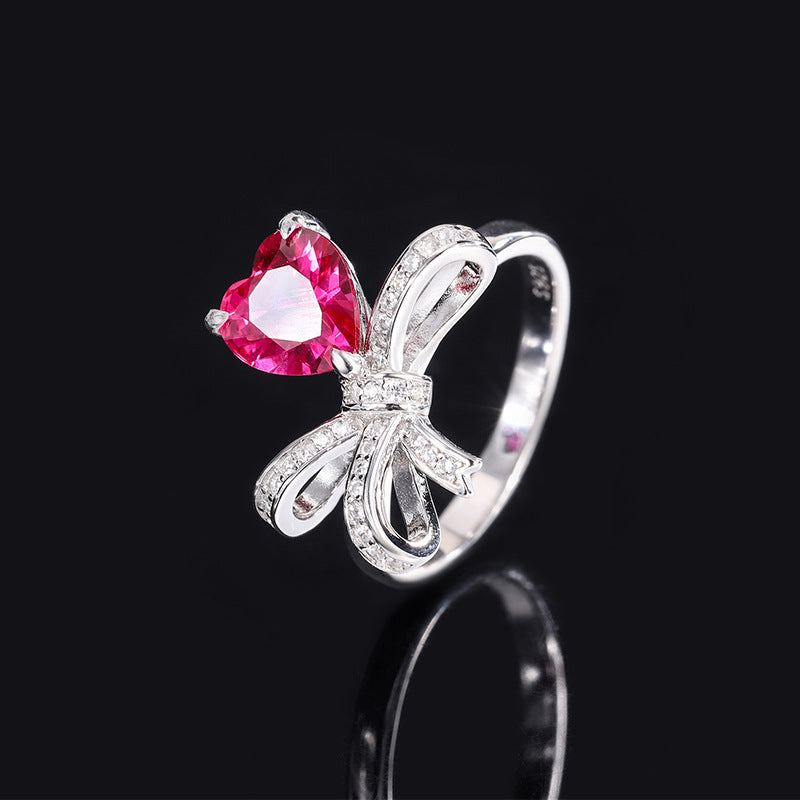 Ruby/Emerald Bow Tie Heart Cut Ring, Retro Women's Simulated Diamond Ring In 925 Sterling Silver