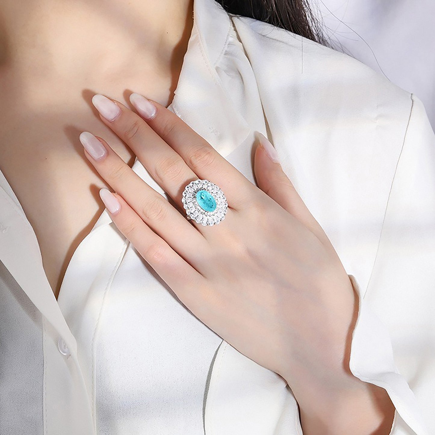 Fashion Double Halo Blue Paraiba Tourmaline/Ruby/Emerald Oval Cut Ring,Half Eternity Simulated Diamonds Ring In 925 Sterling Silver