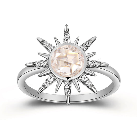 Round Rose Cut 6mm Brilliant Moissaite Bezel Set Ring, Unique Sun Engagement Ring, 925 Sterling Silver Ring