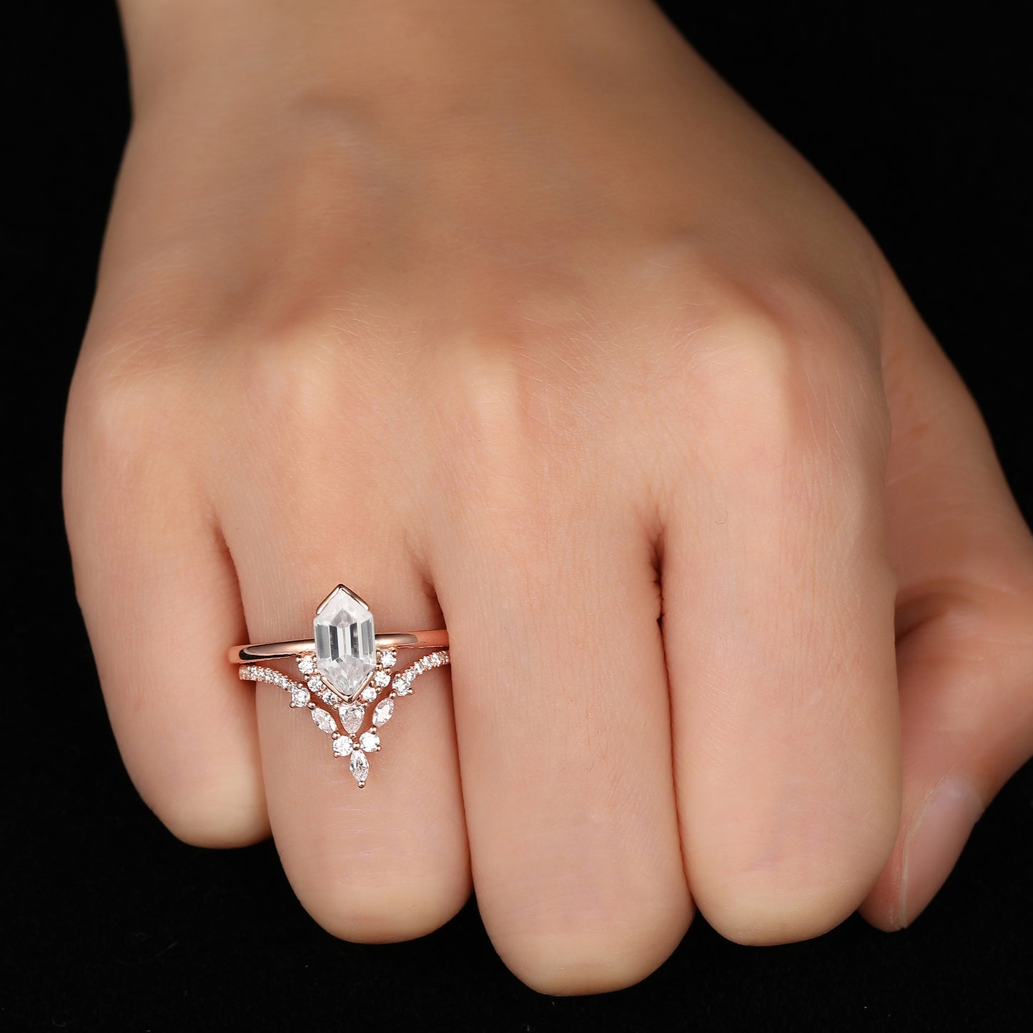 Nature Inspired 1.10 Carat Oblong Hexagon Cut Cured Band Moissanite Bridal Set In 925 Sterling Silver