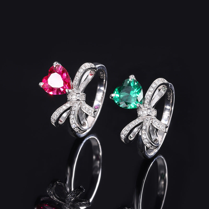 Ruby/Emerald Bow Tie Heart Cut Ring, Retro Women's Simulated Diamond Ring In 925 Sterling Silver