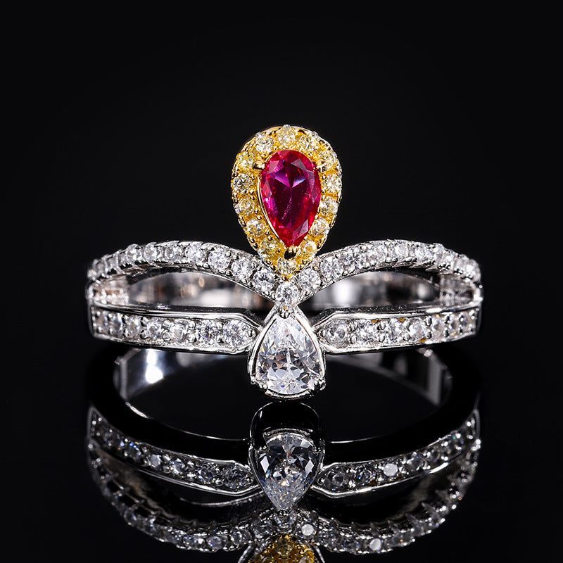 Ruby/Emerald Crown-shaped Halo Pear Cut Ring, Half Eternity Ring Vintage Style In 925 Sterling Silver