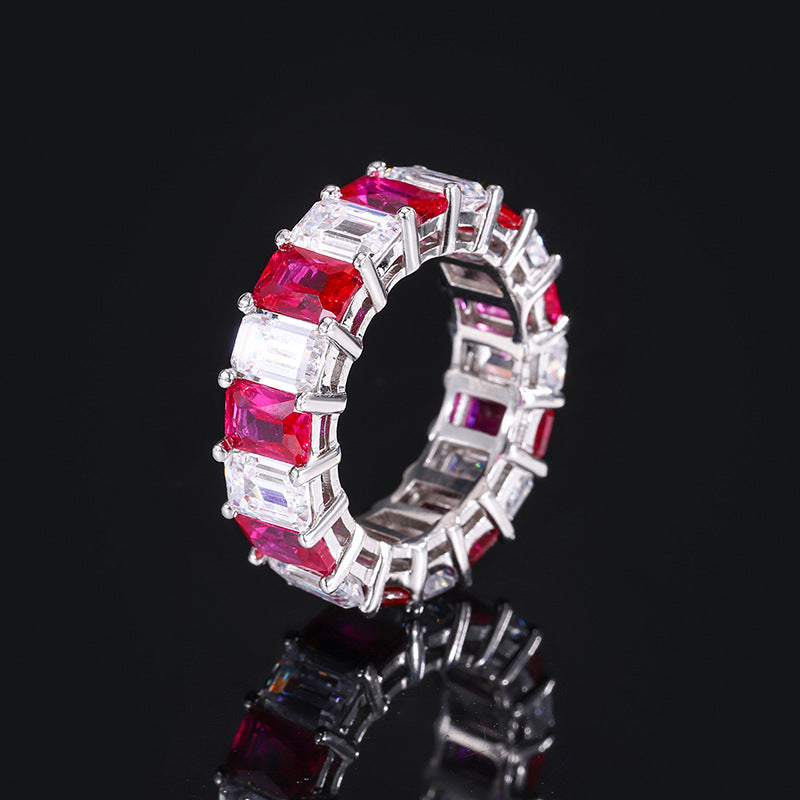 Ruby Baguette Cut Ring, Alternating, Row of Ring, Anniversary Birthday Gift For Her In 925 Sterling Silver