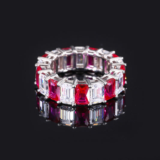 Ruby Baguette Cut Ring, Alternating, Row of Ring, Anniversary Birthday Gift For Her In 925 Sterling Silver