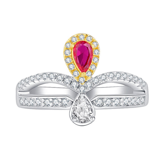 Ruby/Emerald Crown-shaped Halo Pear Cut Ring, Half Eternity Ring Vintage Style In 925 Sterling Silver