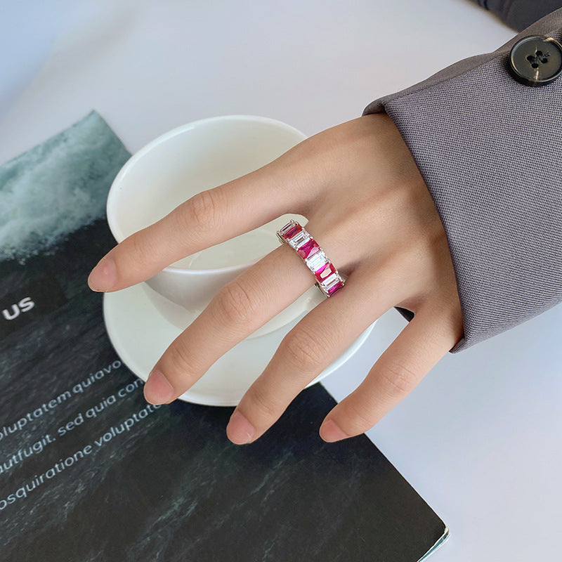 Ruby Baguette Cut Ring, Alternating, Row of Ring, Anniversary Birthday Gift For Her In 925 Sterling Silver