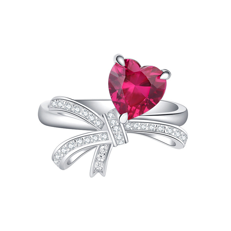 Ruby/Emerald Bow Tie Heart Cut Ring, Retro Women's Simulated Diamond Ring In 925 Sterling Silver