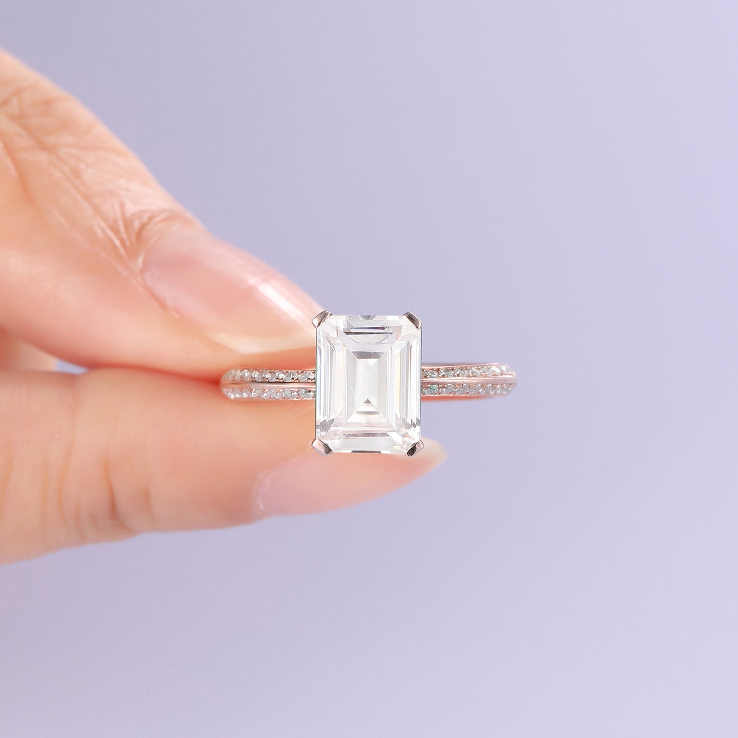 Emerald Cut 3CT Moissaite Engagement Ring, Half Eternity Promise Ring, Handmade Gold Plated Jewelry