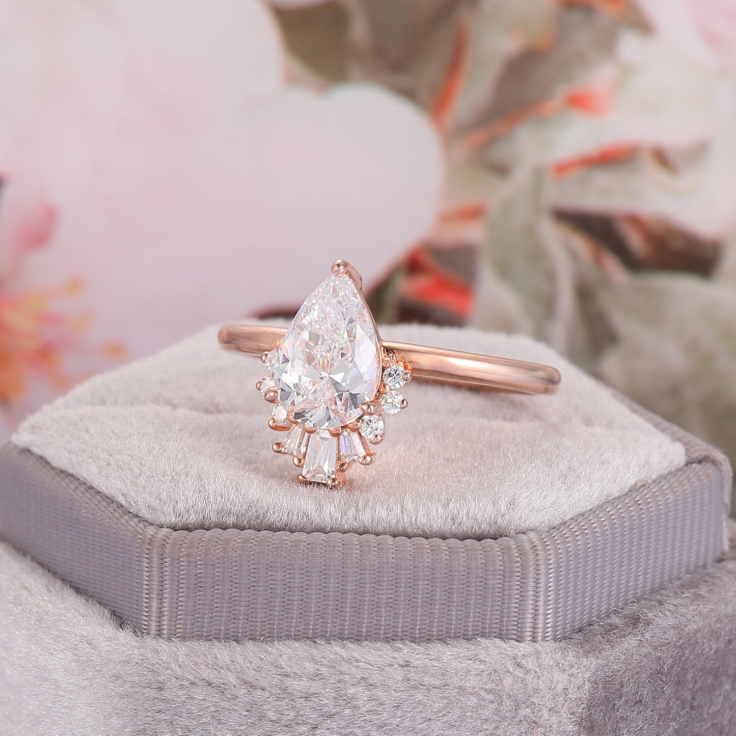 Asymmetrical Design 1.50 Carat Pear Cut Halo Moissanite Engagement Ring For Her