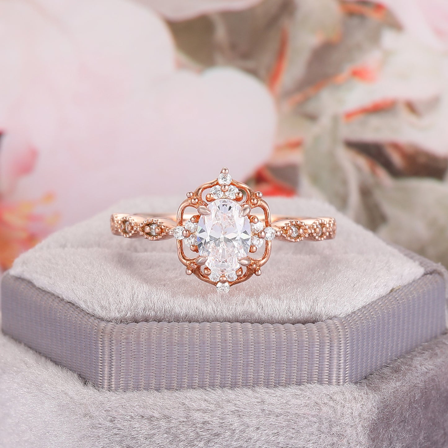 Nature Inspired Floral 1.00 Carat 4 Prong Oval Cut Halo Pave Setting Moissanite Engagement Ring