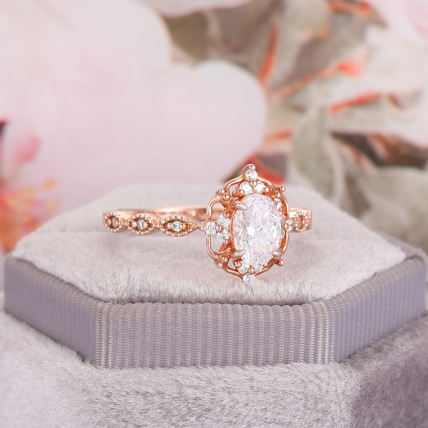 Nature Inspired Floral 1.00 Carat 4 Prong Oval Cut Halo Pave Setting Moissanite Engagement Ring