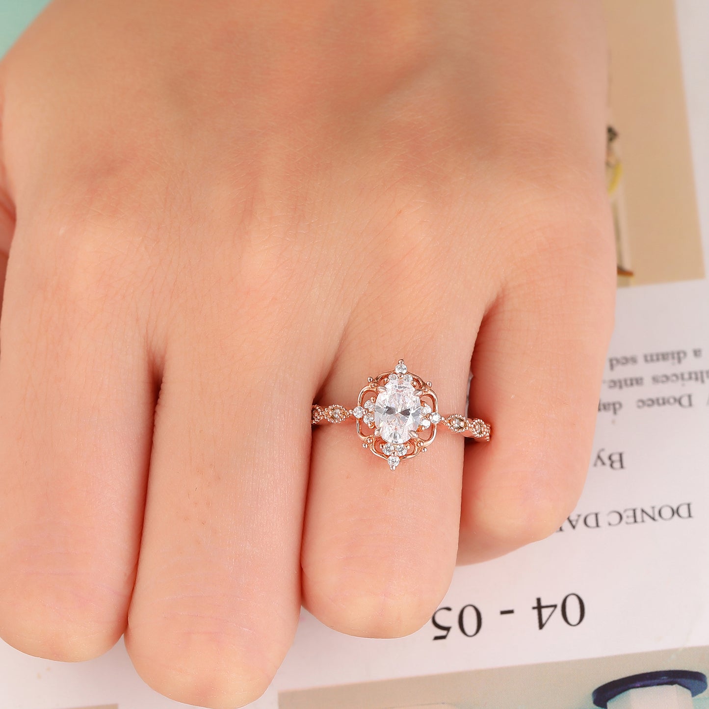 Nature Inspired Floral 1.00 Carat 4 Prong Oval Cut Halo Pave Setting Moissanite Engagement Ring