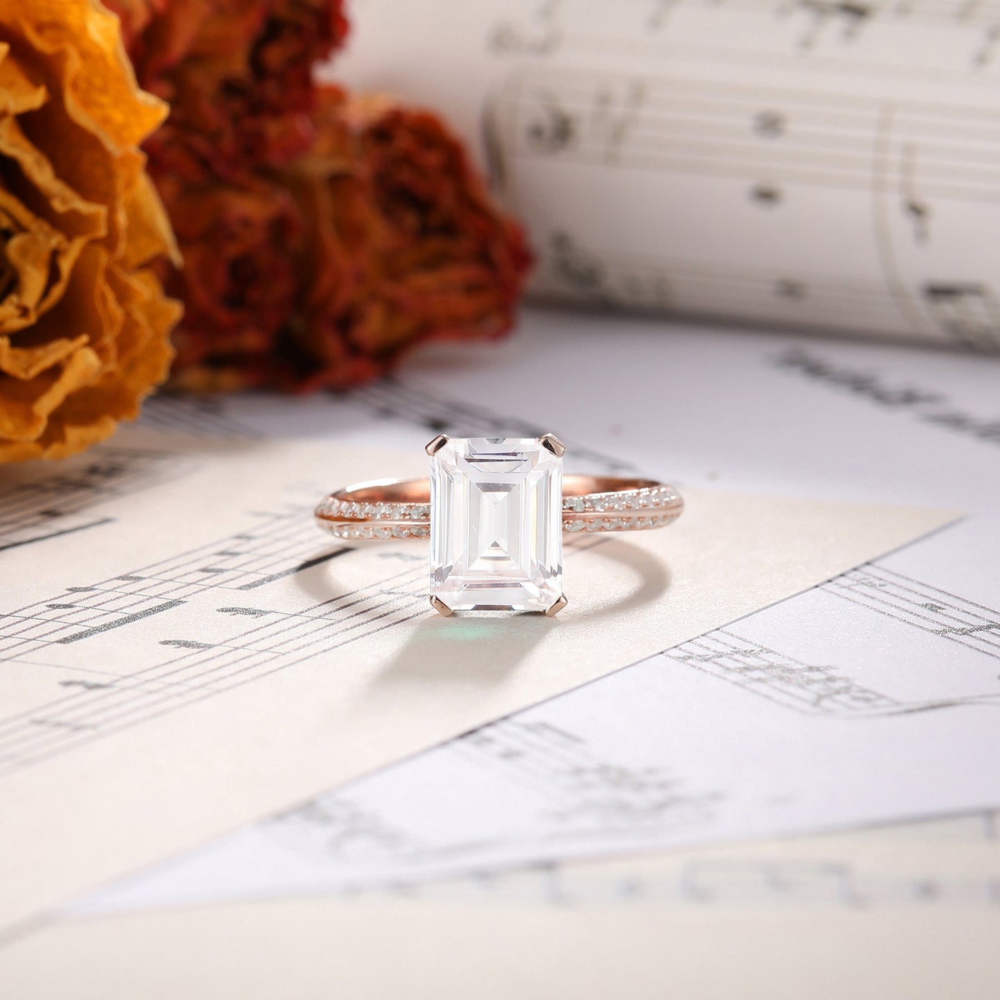 Emerald Cut 3CT Moissaite Engagement Ring, Half Eternity Promise Ring, Handmade Gold Plated Jewelry