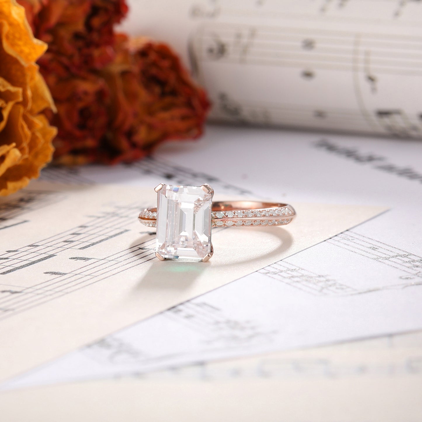 Emerald Cut 3CT Moissaite Engagement Ring, Half Eternity Promise Ring, Handmade Gold Plated Jewelry