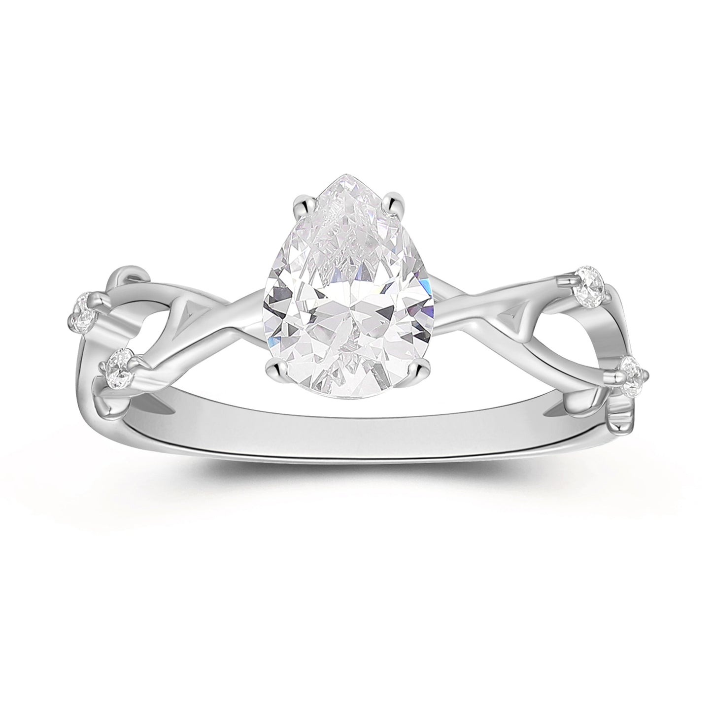 Exquisite Hollow 1.30 Carat 4 Prong Pear Cut Side Stone Moissanite Twisted Engagement Ring