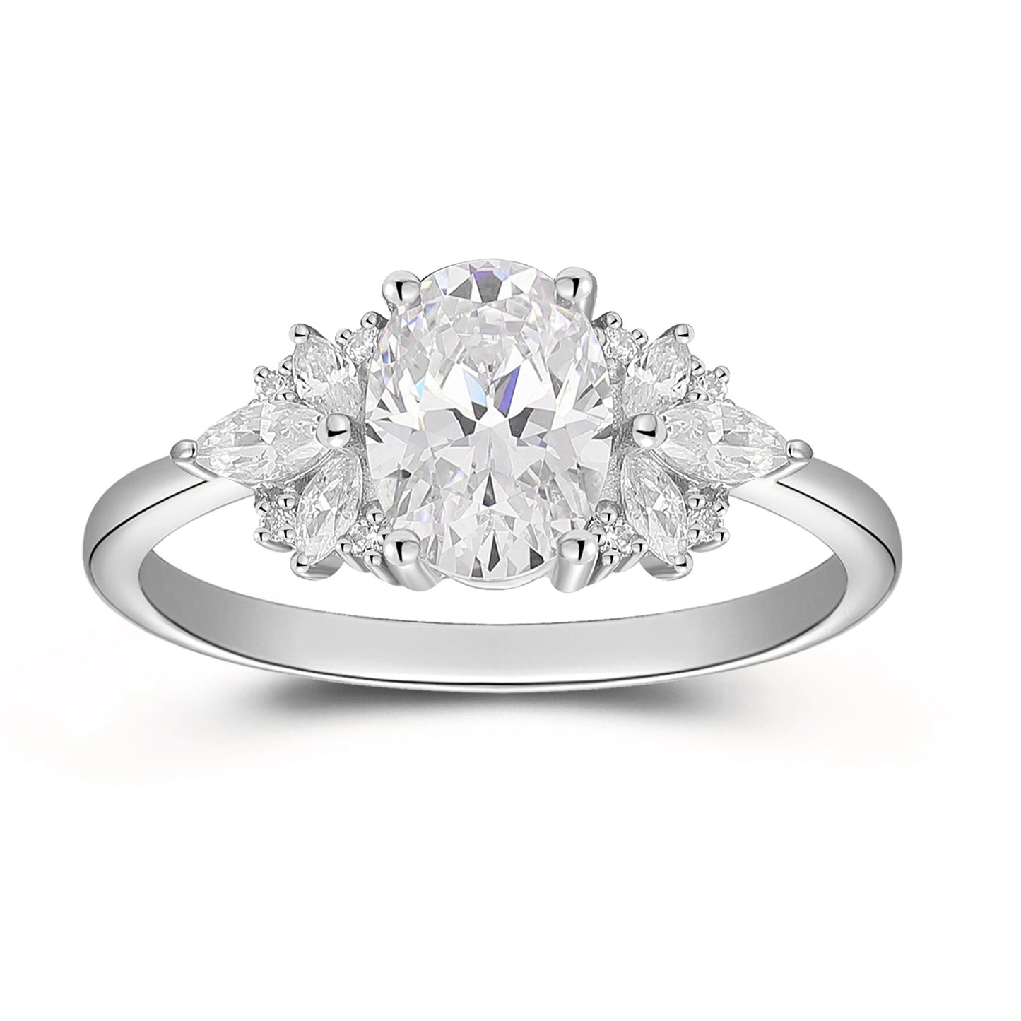 Brilliant Huge Sunflower 1.50 Carat Oval Cut 4 Prong Moissanite Side Stone Engagement Ring