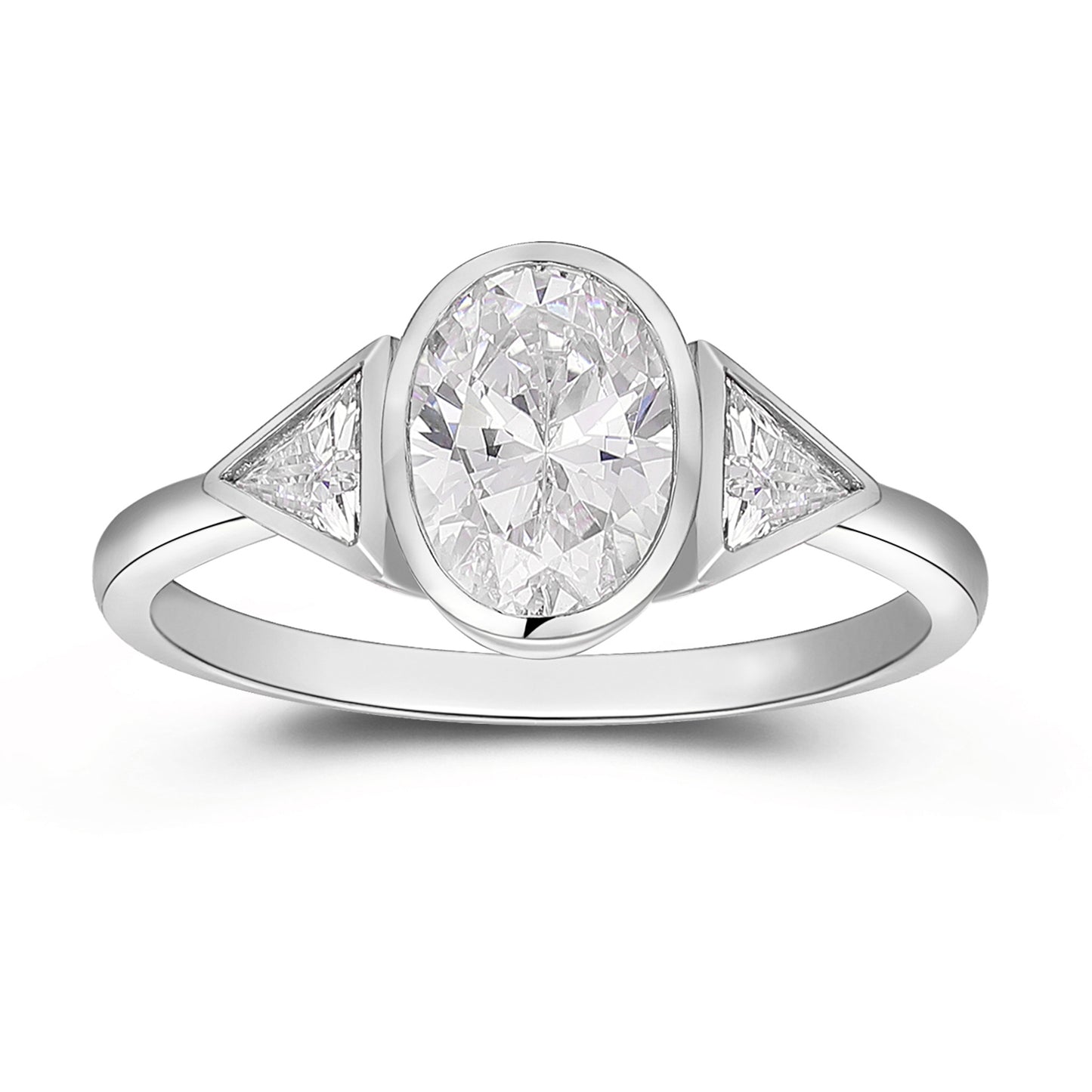 Unique Triangle Design 1.50 Carat Oval Cut Side Stone Moissanite Engagement Ring