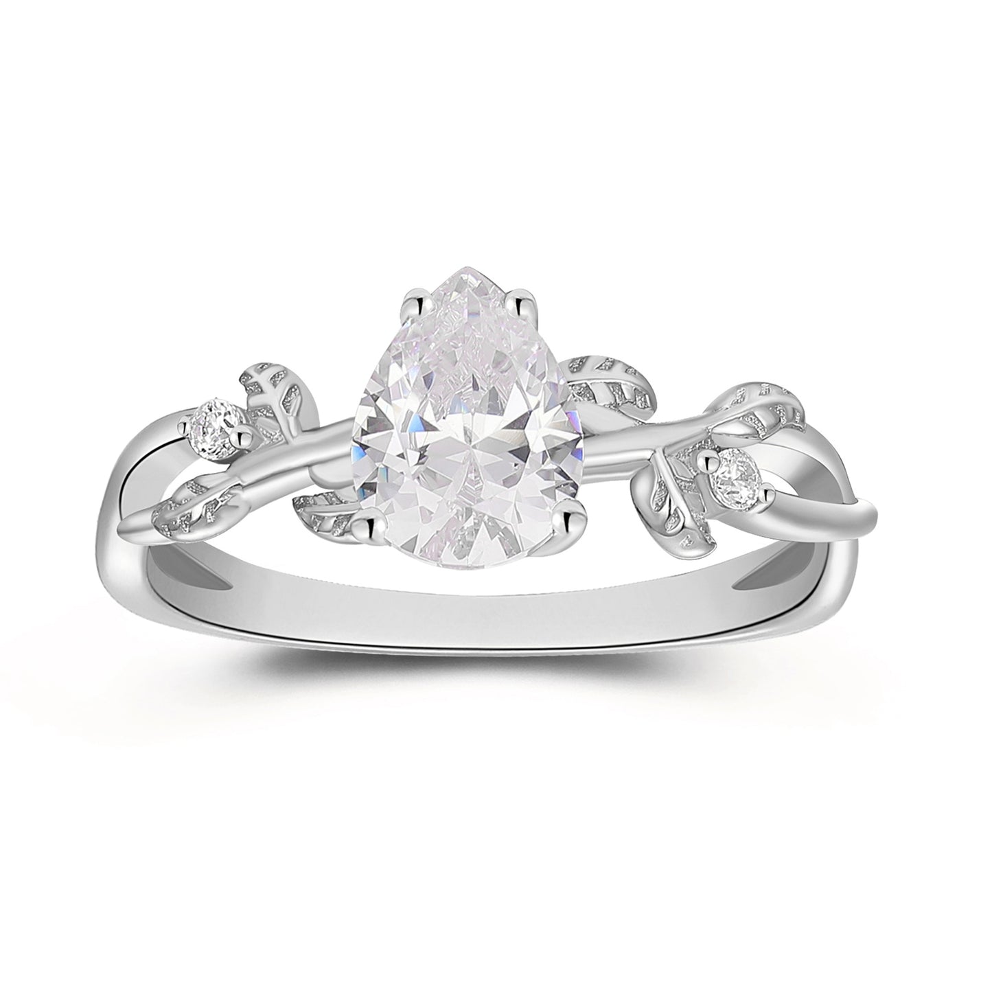 Nature Inspired Floral Twisted 1.30 Carat 4 Prong Pear Cut Moissanite Side Stone Engagement Ring