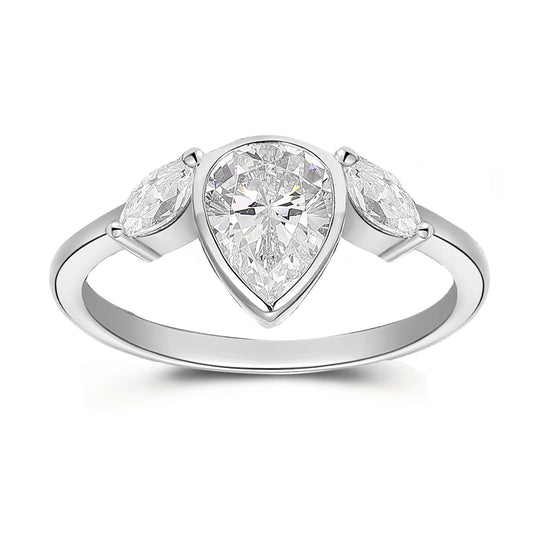 Minimalism Pear Cut 1.30 Carat Halo Three Stone Moissanite Engagement Ring