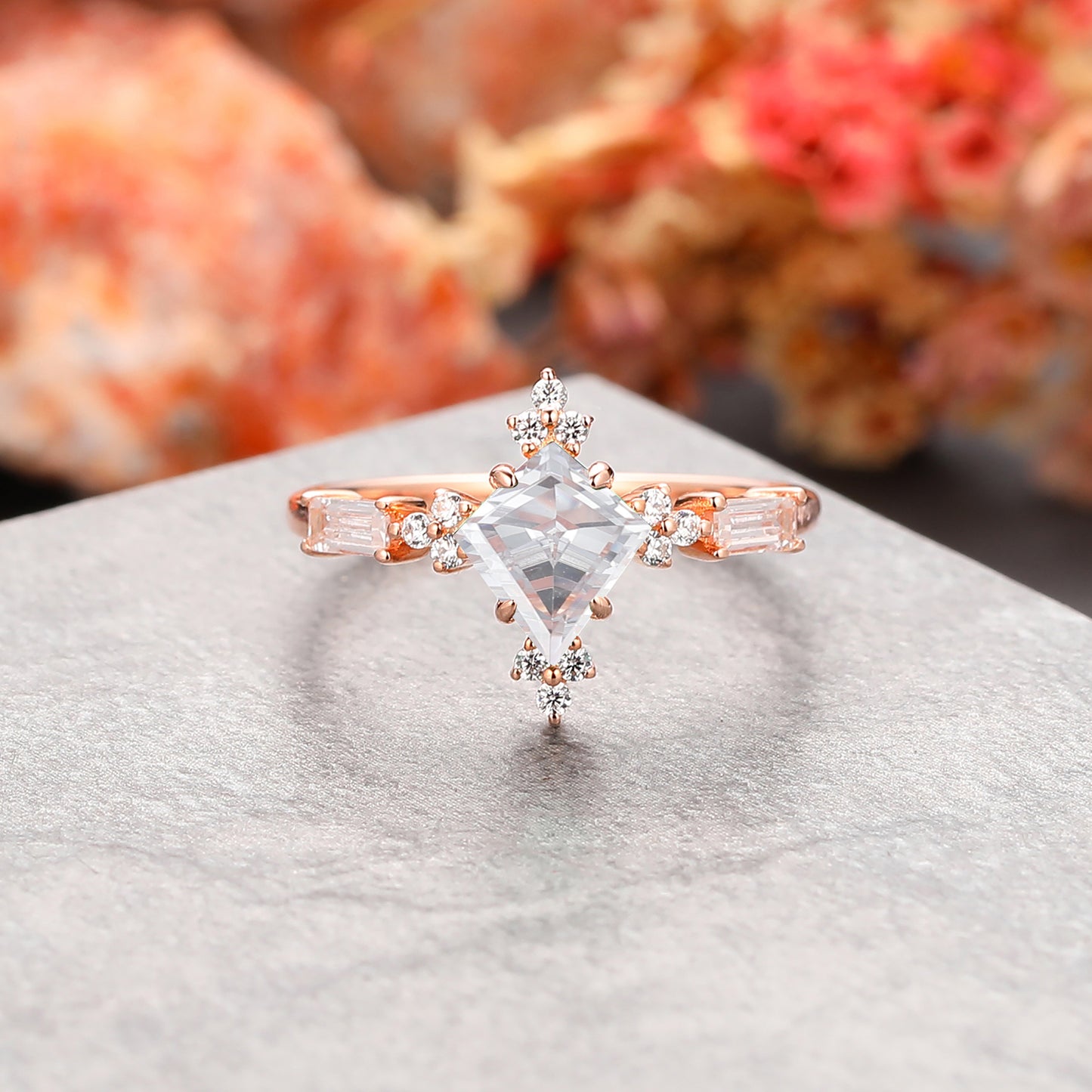 Crown Design 4 Prong 1.50 Carat Kite Shaped Halo Moissanite Side Stone Engagement Ring