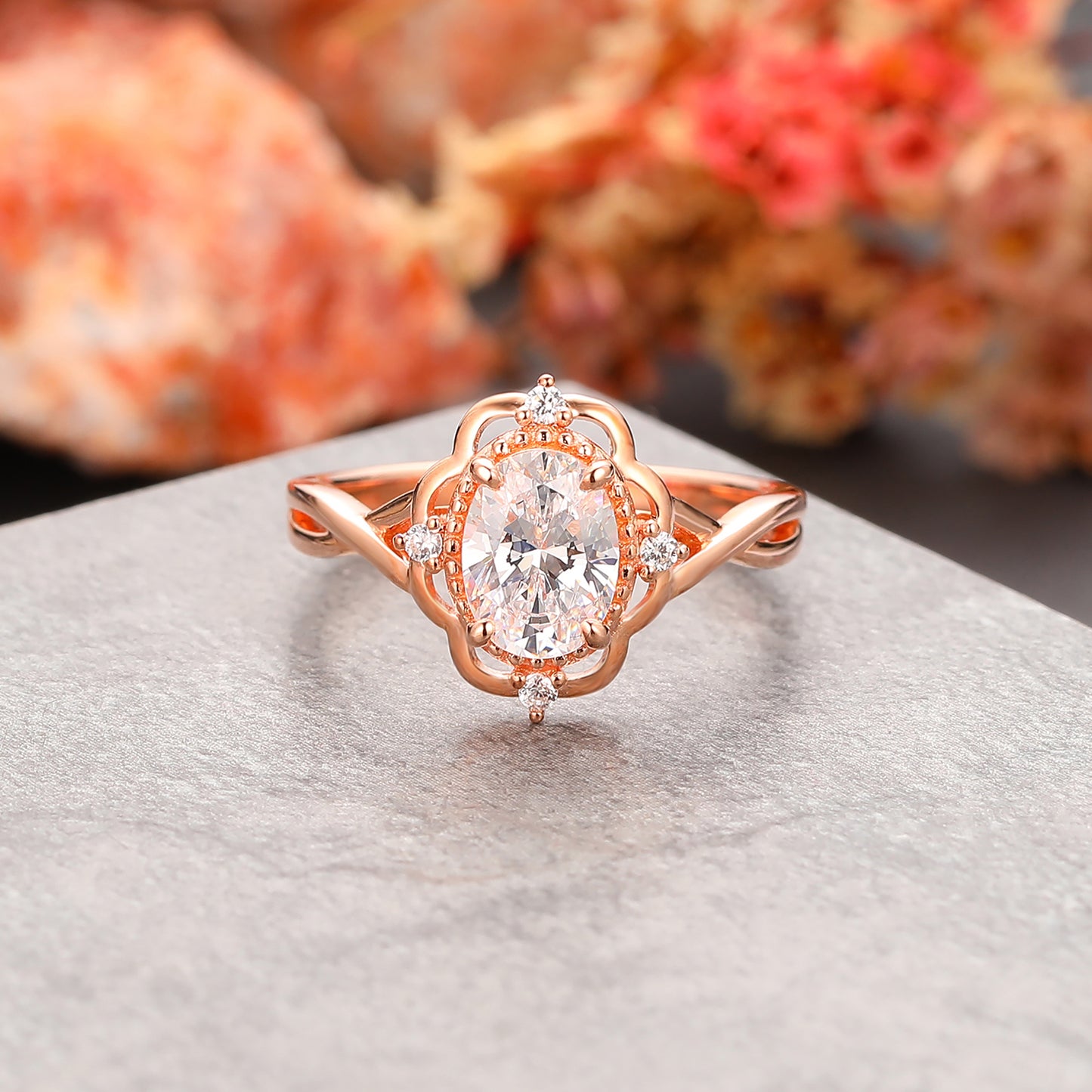 Vintage Flower Nature Inspired 1.50 CT Oval Cut Moissanite with Side Stone Rings for Her