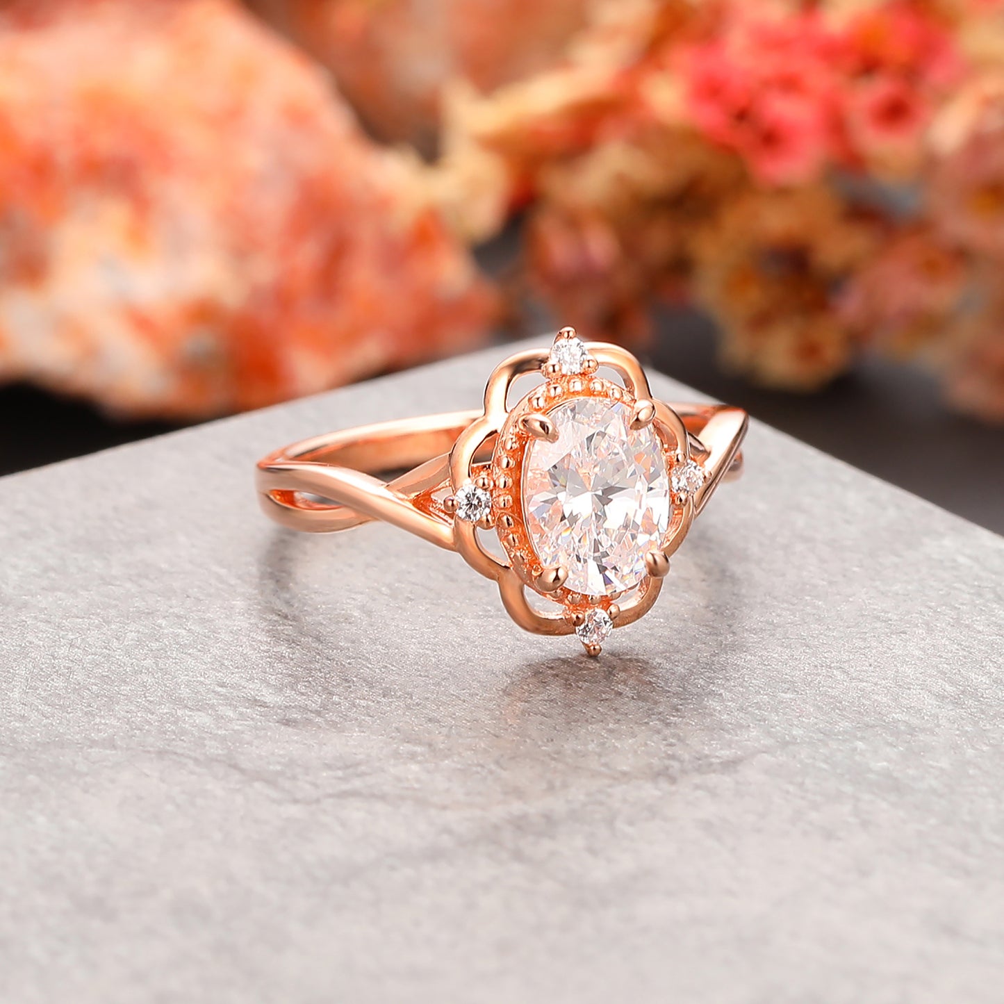 Vintage Flower Nature Inspired 1.50 CT Oval Cut Moissanite with Side Stone Rings for Her