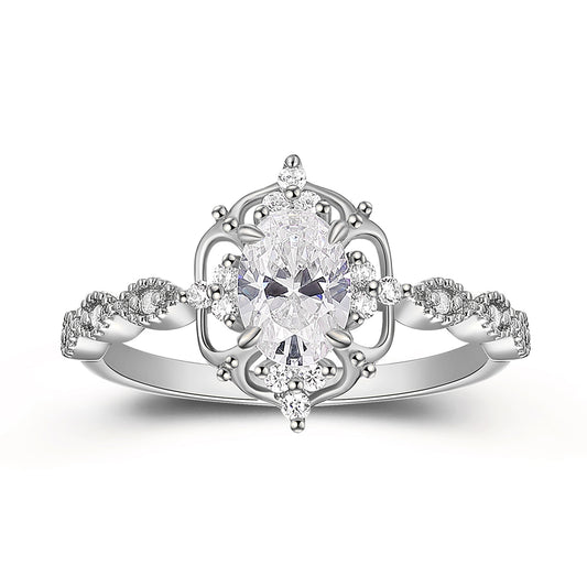 Nature Inspired Floral 1.00 Carat 4 Prong Oval Cut Halo Pave Setting Moissanite Engagement Ring