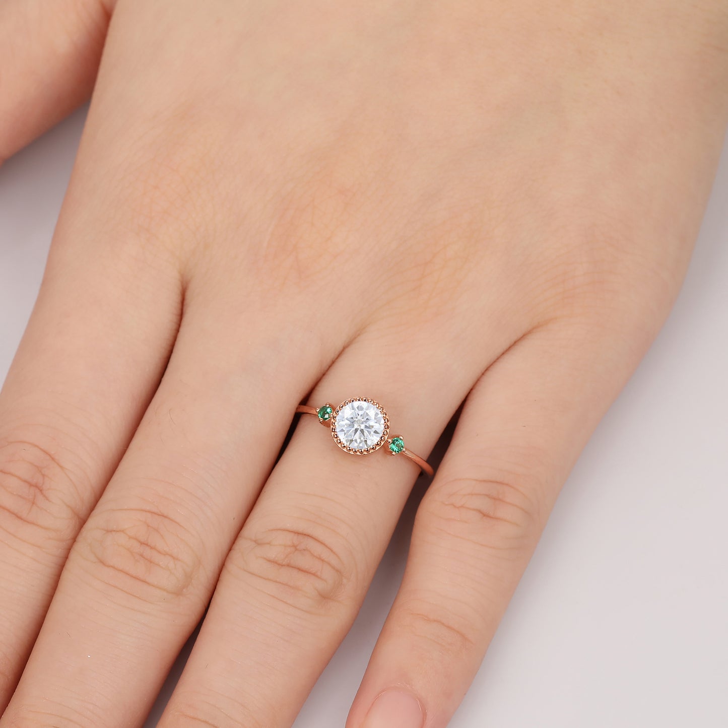 Three Stone Bezel Set 0.80 Carat Round Cut Moissanite Engagement Ring