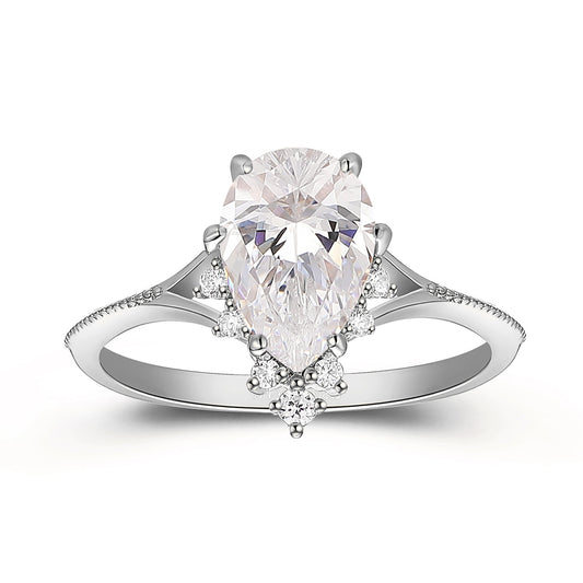 Exquisite Hollow Huge 2.00 Carat Pear Cut Halo Moissanite Side Stone Engagement Ring