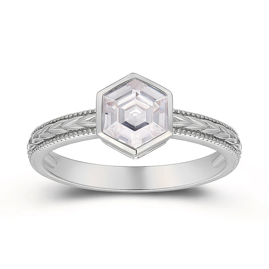 Unique Art Deco Hexagon Cut 6mm Moissanite Solitaire Ring, Silver Bezel Set Engagement Ring