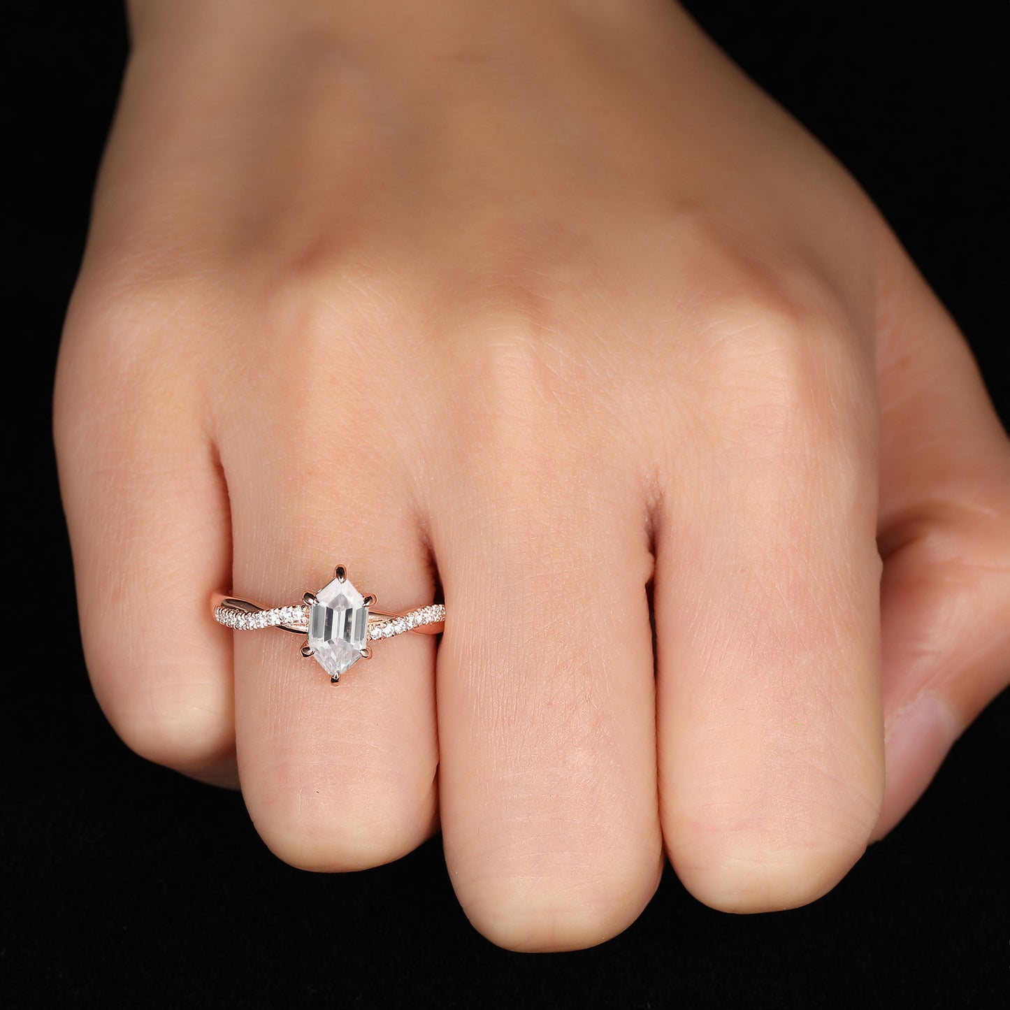 Classic 1.10 Carat Twisted Hexagon Shaped 6 Prong Moissanite Pave Seeting Engagement Ring