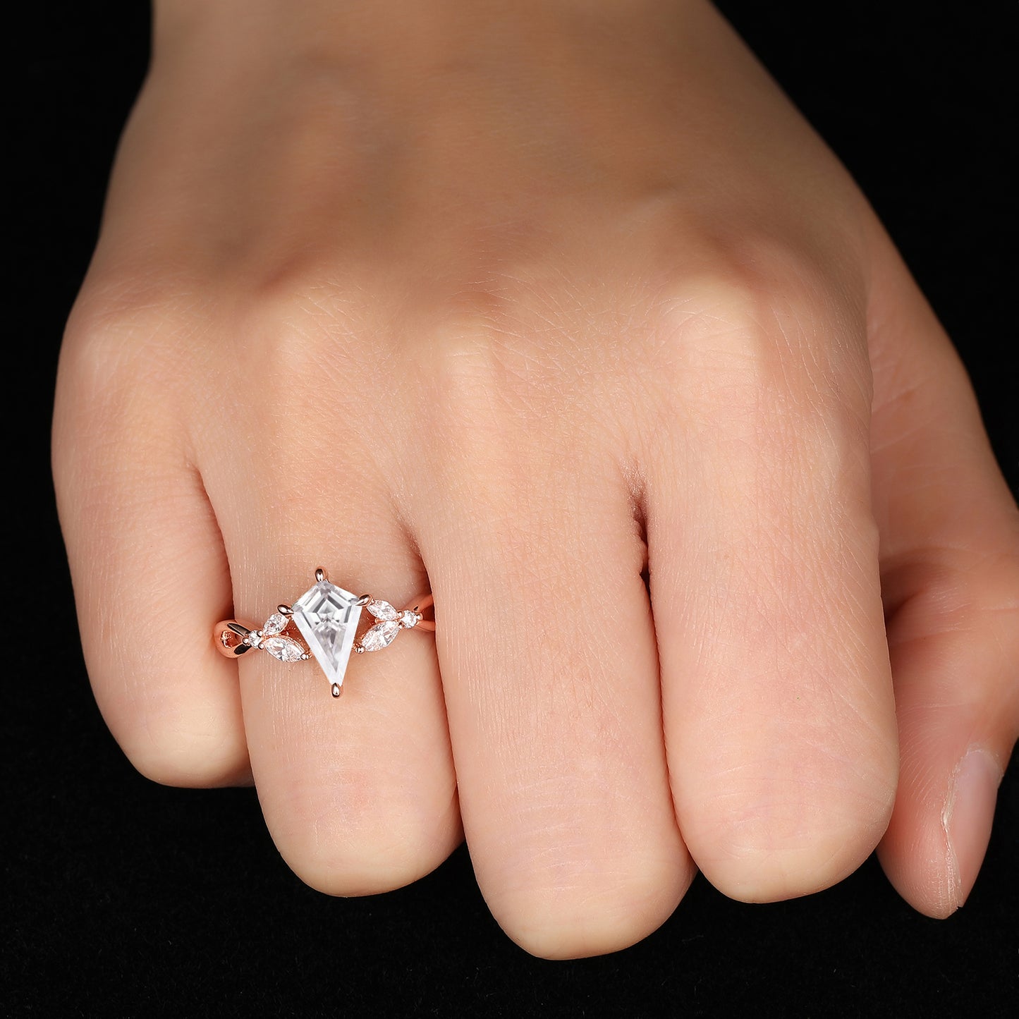 Exquisite Hollow Design 1.35 Carat Kite Shaped Moissanite Side Stone Engagement Ring For Her