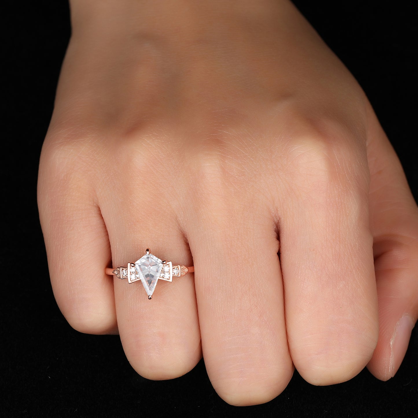 Exquisite Hollow Design 1.35 Carat 4 Prong Kite Shaped Moissanite Side Stone Engagement Ring